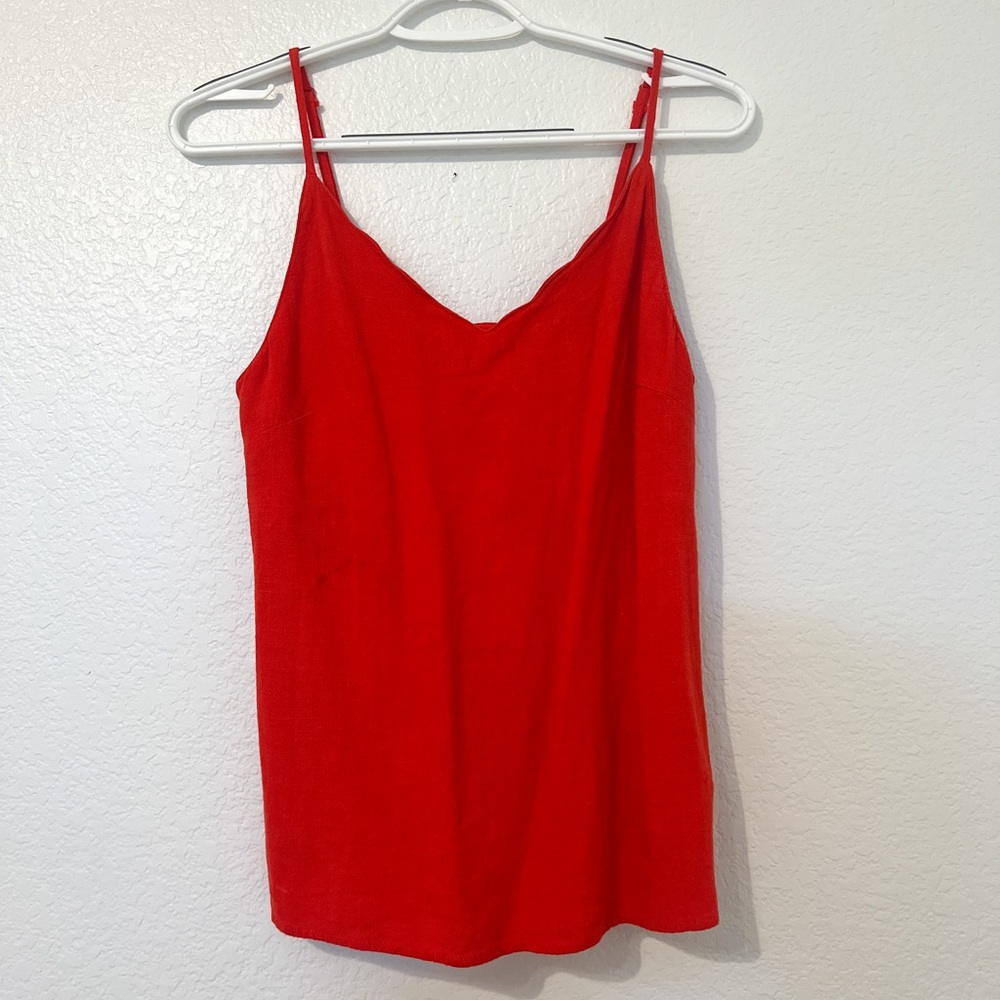 Red Scalloped Neckline Blouse Tank Cami Blouse Linen Spaghetti Strap